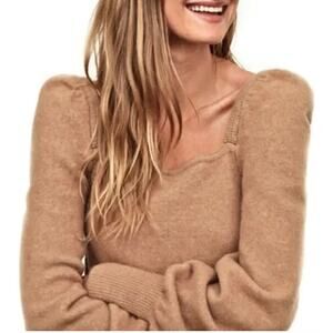 H&M Camel Puff Sleeved Dark Beige Sweater Wool Blend Square Neck Sz M